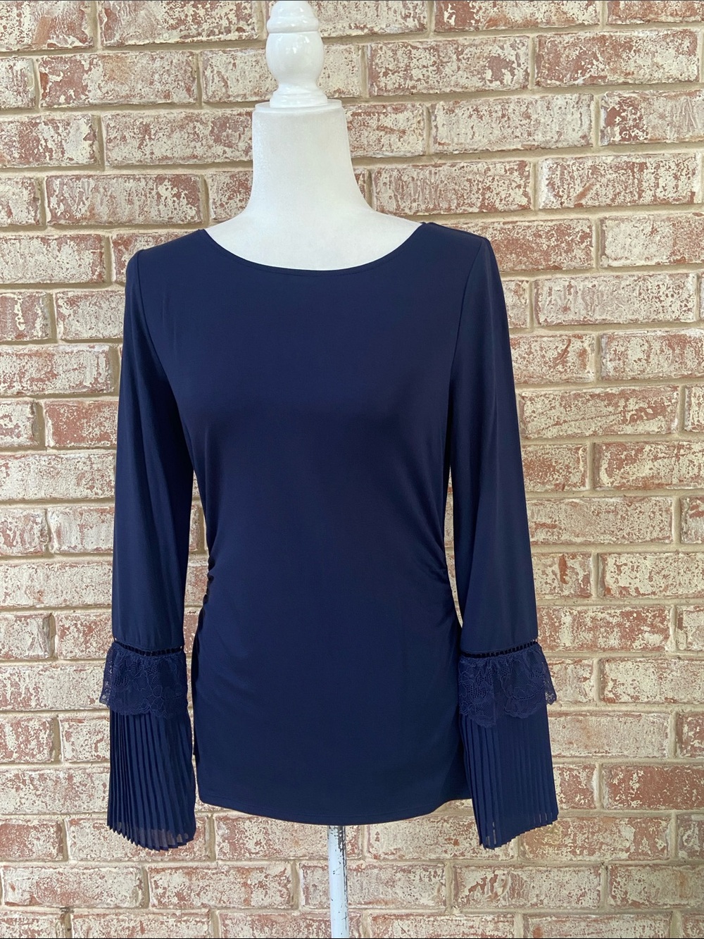 White House Black Market Navy Pleated Bell Sleeve Top, size S. New w/ Tags